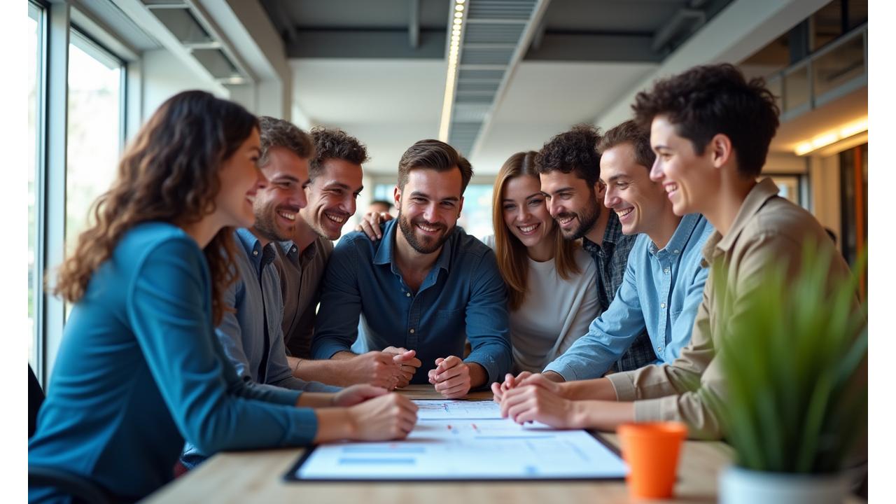 Diverse team of Chroma Vision employees collaborating in a bright modern office space, reflecting innovation and inclusivity