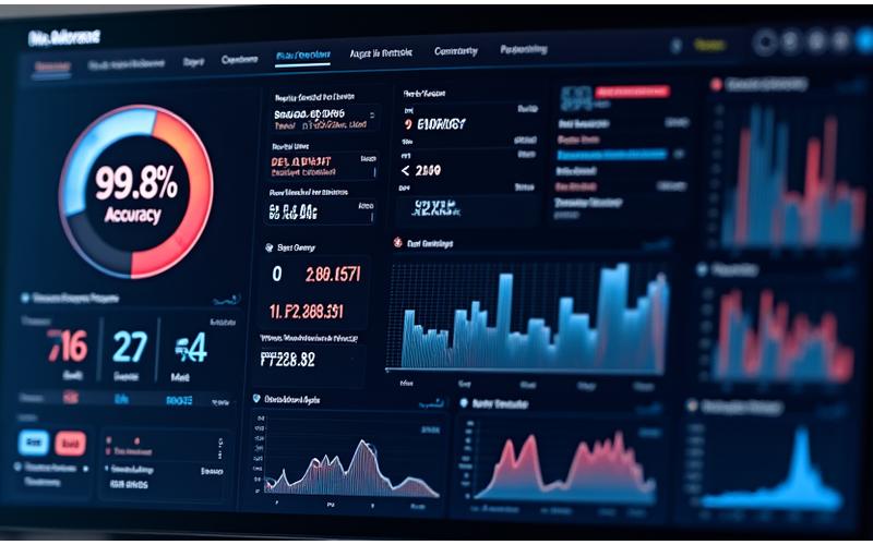 A performance dashboard with charts and graphs showing high accuracy rates (e.g., 99.8%) and sub-second processing times.