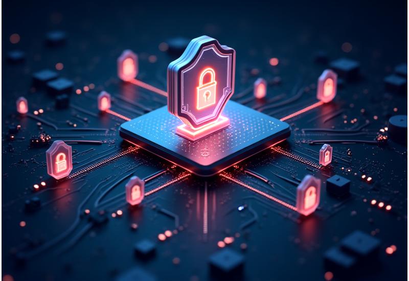 Abstract representation of data security and cloud infrastructure with security badges