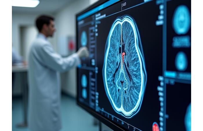 AI analyzing a medical scan, highlighting anomalies with digital overlays
