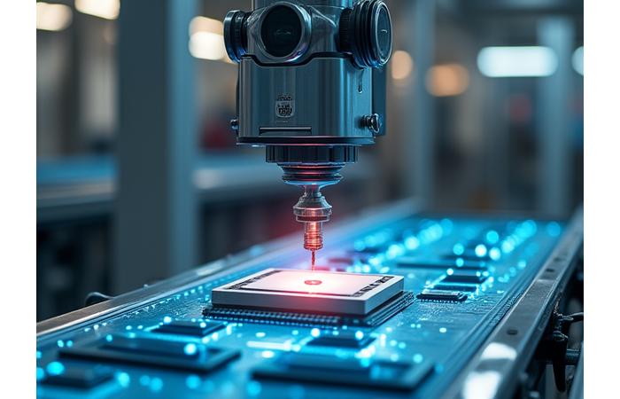 Robotic arm with a vision system inspecting a product on a conveyor belt for defects