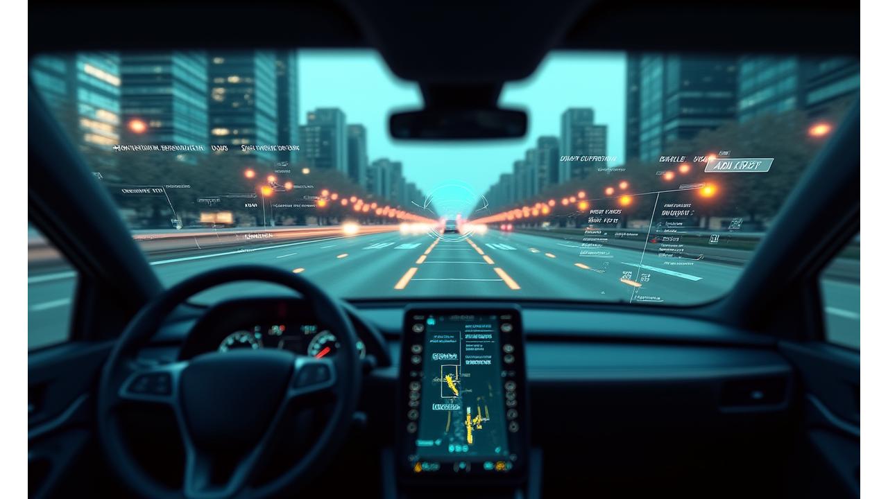 Autonomous vehicle driving through a smart city, displaying real-time AI perception data overlays with identified obstacles and path planning, showing multi-camera feeds on a holographic interface.