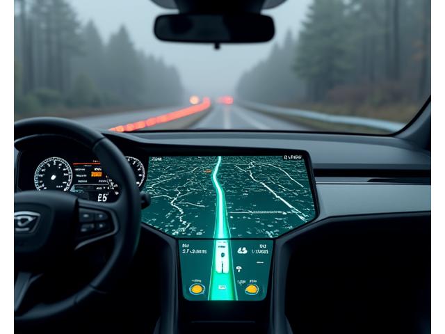 A dashboard display inside an autonomous vehicle showing real-time road condition assessment, traffic sign recognition, and lane detection overlays in diverse weather conditions.