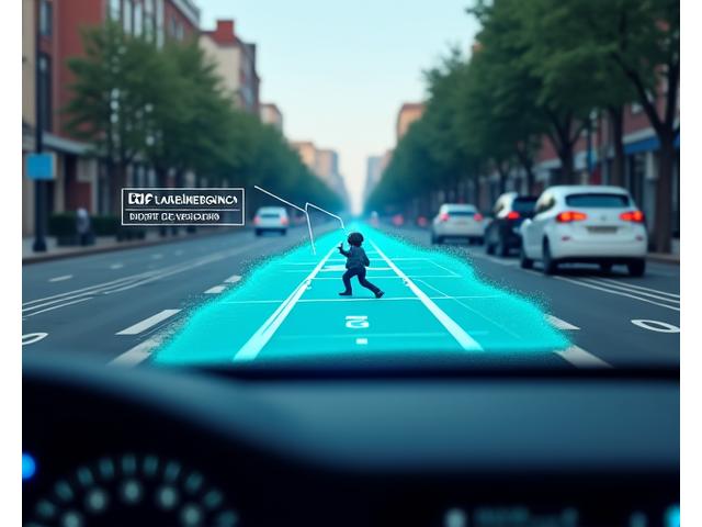 An interactive simulation displaying an autonomous vehicle detecting a pedestrian running into the road, highlighting the trajectory prediction and emergency braking activation with an alert icon.