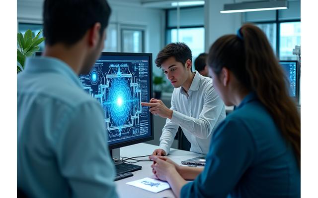 Diverse team of AI experts collaborating in a modern, tech-filled office space, showcasing rapid response and specialized expertise.