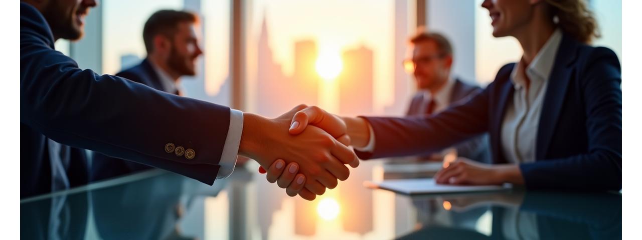 Two business professionals shaking hands in a modern office, representing strategic partnership and deal-making.
