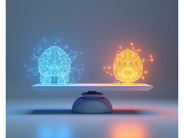 Illustration of balanced scales with AI gears representing ethical AI, ensuring fairness and transparency in content moderation decisions, surrounded by subtle glowing lines.