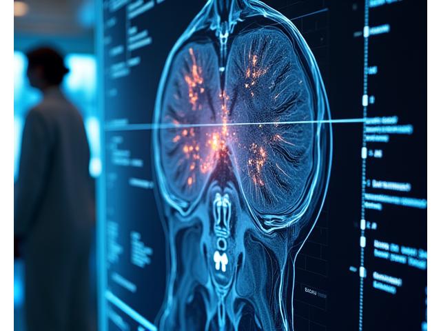 Complex data annotation overlays on a medical image, showcasing precision labeling for AI training in healthcare. The image emphasizes accuracy and scientific detail.