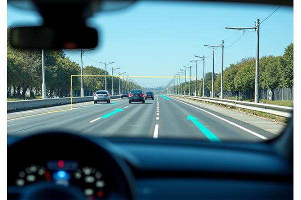 AI vision overlay on an autonomous vehicle's dashboard, detecting pedestrians and traffic signs
