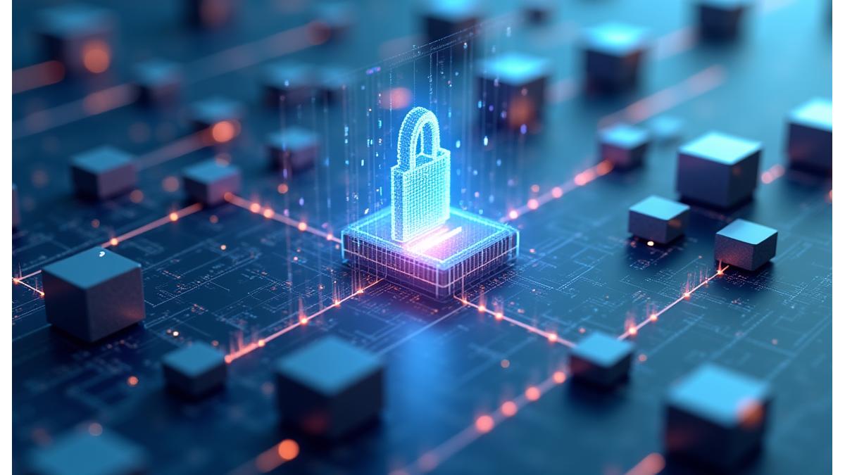Abstract representation of secure data flow and regulatory compliance with glowing blue lines and secure lock icons
