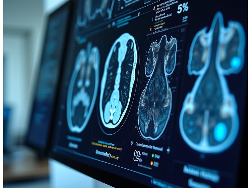 AI interface showing a medical scan with highlighted regions and a confidence score