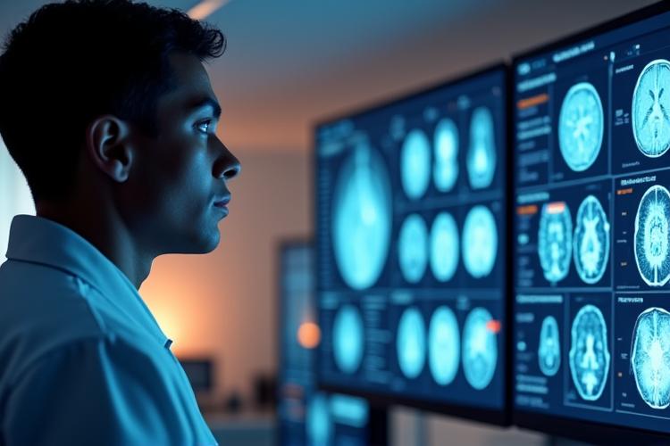Radiologist reviewing AI-enhanced medical images on a screen