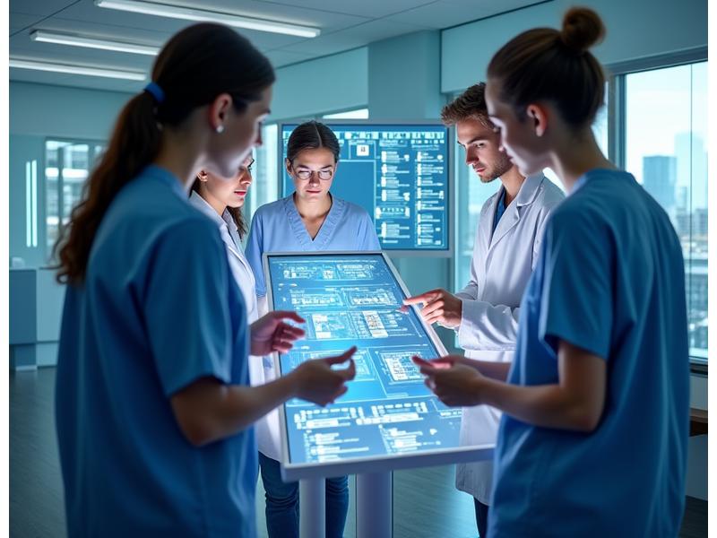 Medical team collaborating around a digital display, symbolizing implementation and support