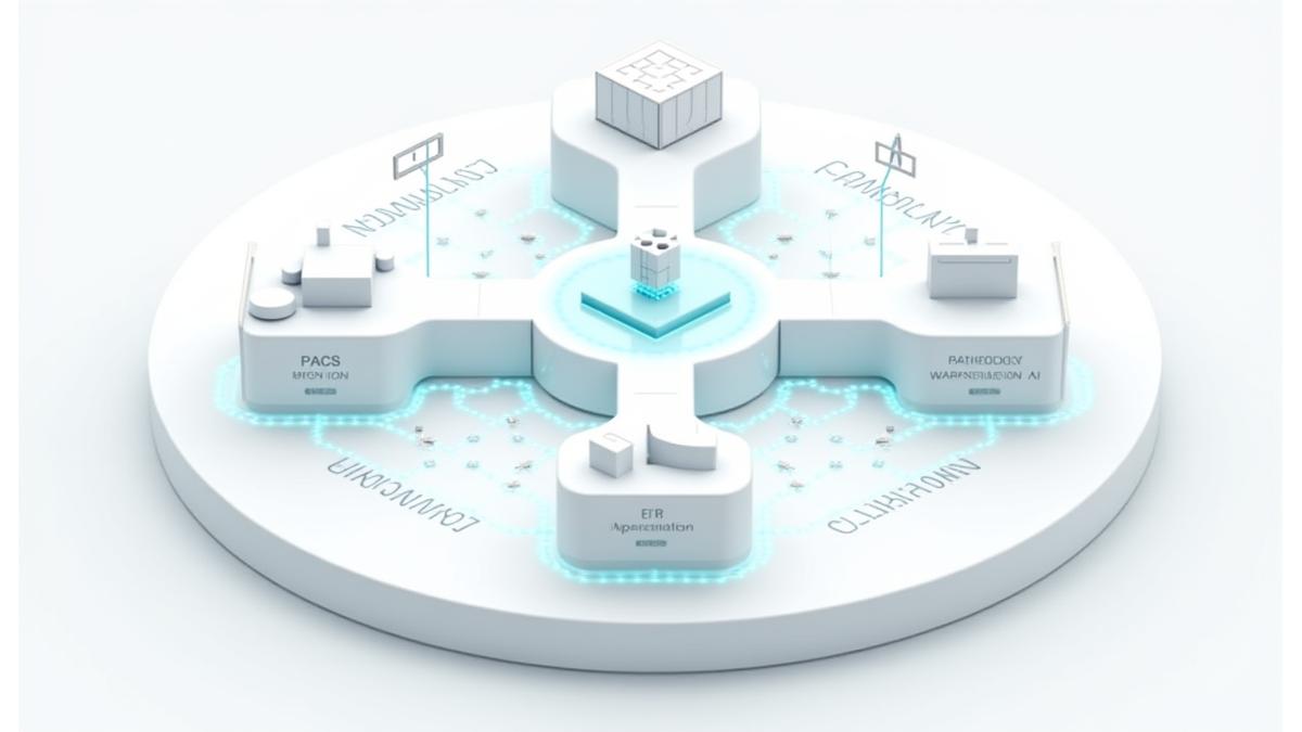 Diagram illustrating seamless integration of AI into a clinical workflow with PACS, EHR, and Teleradiology