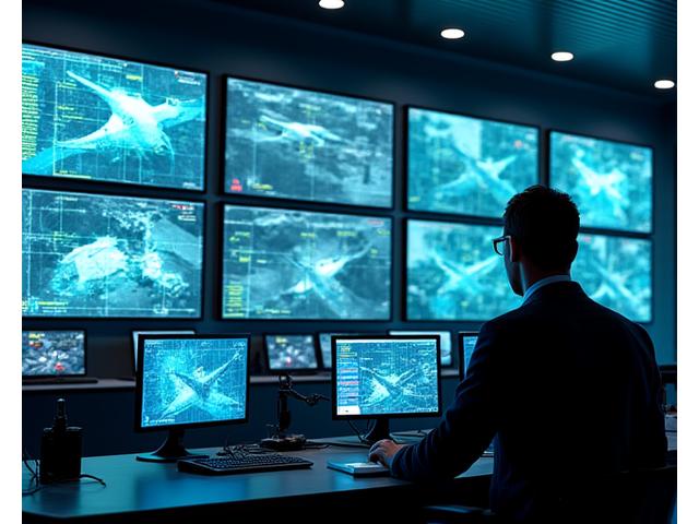 Airport security control room with AI monitoring screens