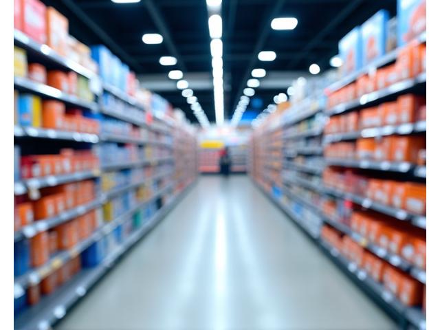Retail store aisle with products highlighted, overlaid with data visualizations indicating optimal placement and sales performance